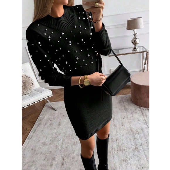 Black Sweater Short Mini Dress Faux Pearl Embellished Long Sleeve - Picture 9 of 10